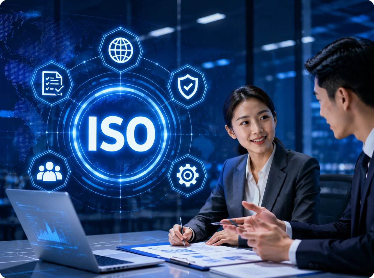 Business consultants discussing ISO certification